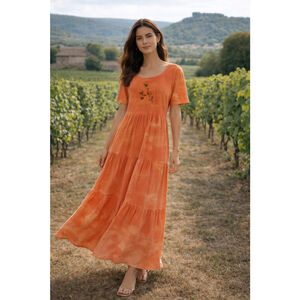 Vintage Bonnie Evans Orange Tie Dye Embroidered Boho Maxi Dress Y2k Boho Indie L
